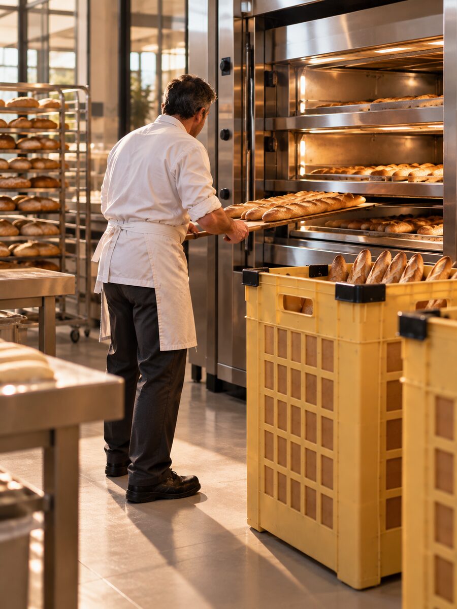 Un boulanger défourne des baguettes, deux mannes housées à côté de lui